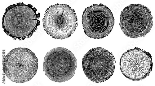 Assorted black and white wood cut cross-sections, showcasing natural tree rings, detailed organic texture, and rustic patterns.