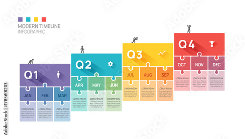 Business step timeline infographic jigsaw template. Modern milestone element timeline diagram calendar and 4 quarter topics, vector infographics.