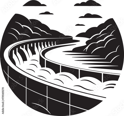 Hydroelectric dam or hydro plant silhouette with clouds vector illustration