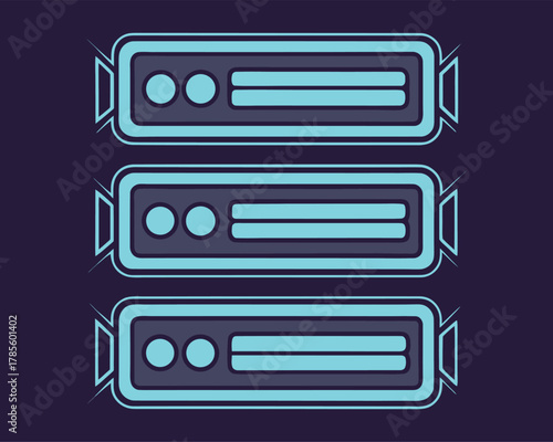 Three stylized servers stacked vertically with blue and purple color scheme computer technology
