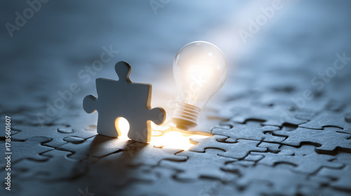 Puzzle idea solution strategy innovation concept light creativity problem success glowing light bulb shines through missing jigsaw piece