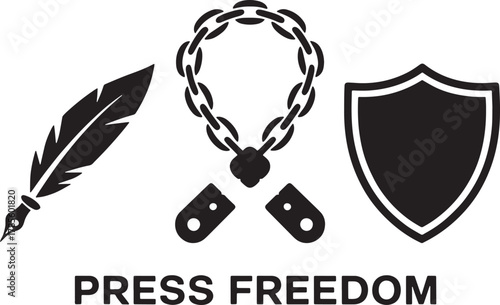 Press Freedom Symbol Featuring Shield Feather Pen And Broken Chains Iconography