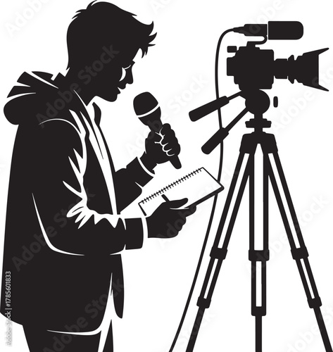 Professional news journalist vector silhouette holding microphone and notebook with camera on tripod