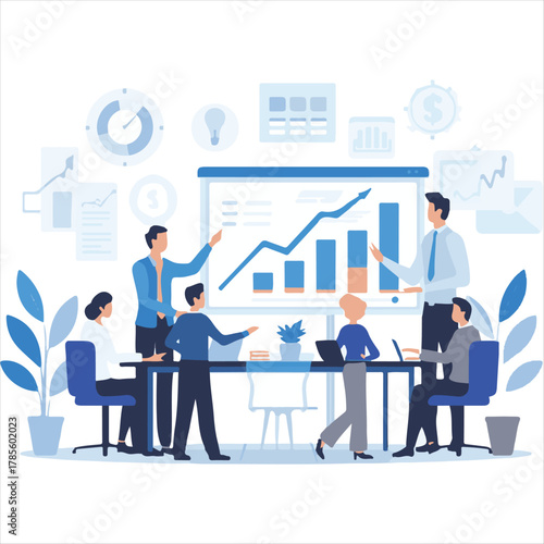 Businesswoman Leading Team Meeting Vector Illustration,Leadership and Teamwork Concept Flat Design,Female Leader Giving Presentation Vector Art,Business Team Discussion and Coaching Illust.