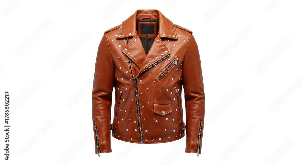 Naklejka premium Brown leather biker jacket with silver studs isolated on transparent background