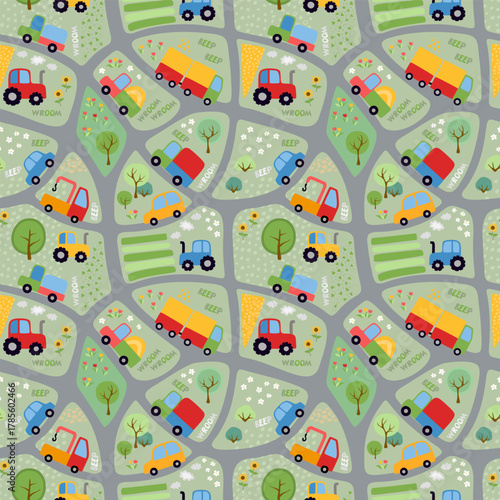 Seamless map for  with different cars, trucks and tractors on roads and fields. Colorful vehicles made sounds "wroom" and "beep"