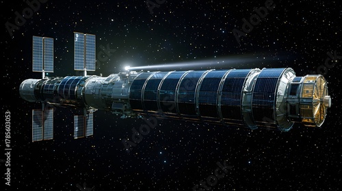 Futuristic space station with solar panels transmitting energy into the cosmos