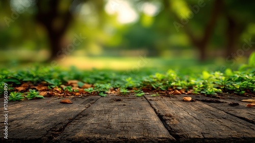 A wooden table with a blurred green garden background.