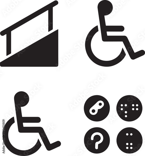 Various accessibility symbols showing ramp, wheelchair, and braille on transparent background