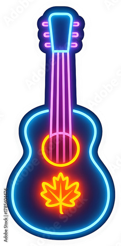 Autumn neon acoustic guitar neon glow sticker transparent background clean outline soft shadow high detail commercial use