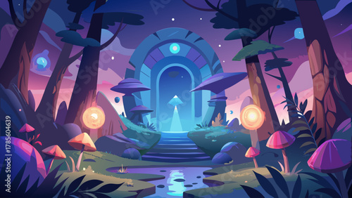 Mysterious Alien Portal in a Magical Forest at Twilight - Sci-Fi Fantasy Landscape