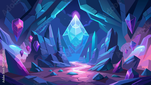 Mystical Crystal Cave with Glowing River and Gemstones - Fantasy Landscape Illustration