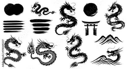 Dragon japanese ink style elements set