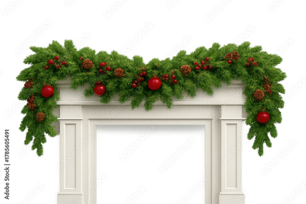 Fototapeta premium Christmas garland decorating white fireplace mantel with pine branches, red ornaments, and pinecones, on transparent background