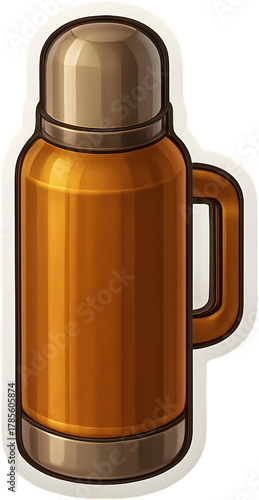 Autumn metallic thermos bottle sticker PNG transparent background clean outline soft shadow high detail commercial use