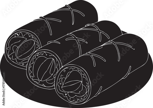 black silhouette of spring rolls on white background, vector