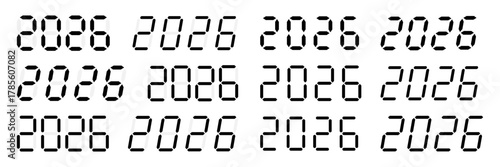 Happy new year 2026 design with digital numbers in a seven-segment display style.
