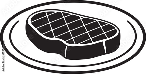  black silhouette of steak on plate on white background, vector