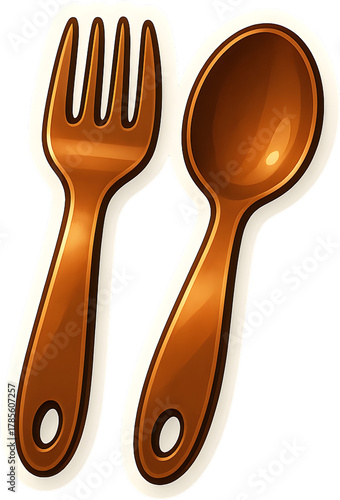 Autumn metallic fork and spoon set sticker PNG transparent background clean outline soft shadow high detail commercial use