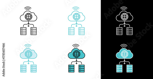 Cloud server connection icon for data storage and online network in line and fill style