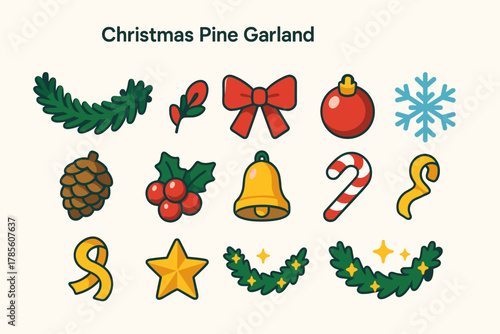 Festive Garland Icons. Christmas Pine Garland modern flat icon set: evergreen garland, red bow, ornament, snowflake, pinecone, holly berries, bell, candy cane, golden ribbon, star,
