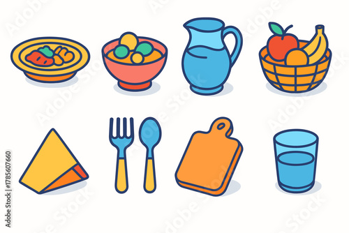 Communal Feast Icons. Communal Feast modern flat icon set: large platter, shared bowl, water pitcher, fruit basket, folded napkin, spoon set, cutting board, glass cup.