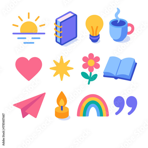 Inspiration Icon Set. Daily Inspiration modern flat icon set: sunrise, notebook, light bulb, tea cup, heart icon, starburst, flower, open book, paper plane, candle flame, rainbow,