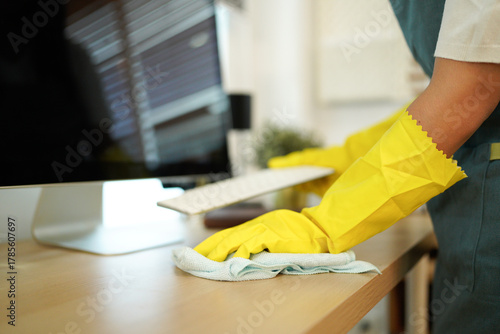 Wallpaper Mural Person cleaning the room, cleaning staff is using cloth and spraying disinfectant to wipe the tables in the company office room. Cleaning staff. Maintaining cleanliness in the organization. Torontodigital.ca