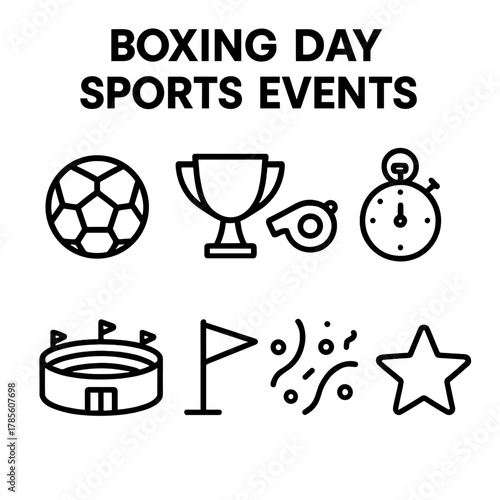 Boxing Day Sports Icons. Boxing Day Sports Events outline icon set: soccer ball, trophy, whistle, stopwatch, stadium, flag, confetti, star.