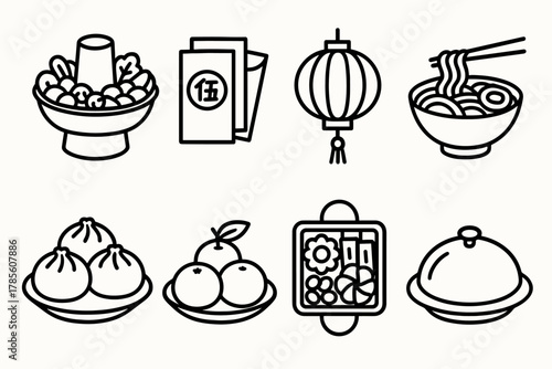 Lunar New Year Feast. Lunar New Year Traditional Feast outline icon set: festive dishes, hot pot, red envelopes, glowing lantern, noodle bowl, steamed buns, oranges plate, serving