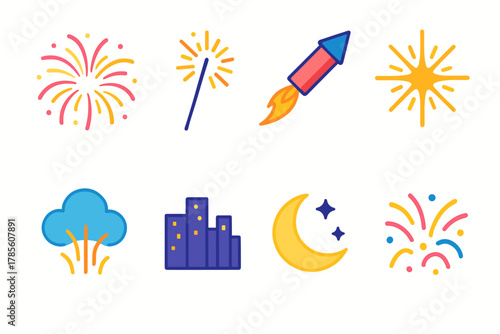 Isometric Fireworks Icons. Fireworks Display modern flat icon set: firework explosion, sparkler stick, rocket in flight, dazzling starburst, glowing smoke, skyline lights, moon