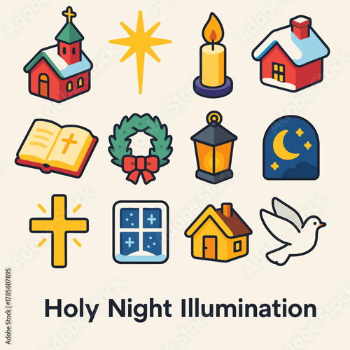 Holy Night Icons. Holy Night Illumination modern flat icon set: village chapel, radiant star, candle flame, snowy rooftop, open bible, pine wreath, lantern glow, glowing cross,