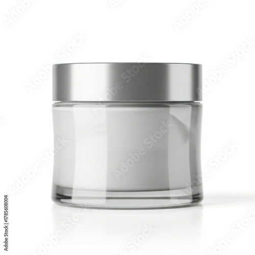Empty Glass Cosmetic Jar with Silver Lid on White Background