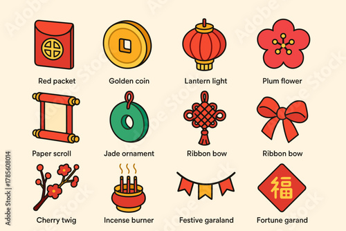 Chinese New Year Icons. Chinese New Year Gift Giving modern flat icon set: red packet, golden coin, lantern light, plum flower, paper scroll, jade ornament, lucky knot, ribbon bow,