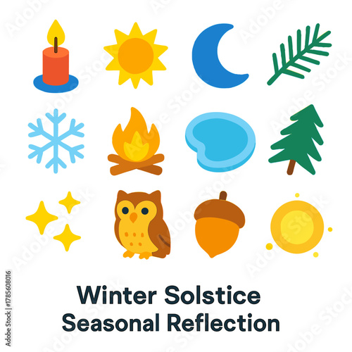 Winter Solstice Icons. Winter Solstice Seasonal Reflection modern flat icon set: candlelight, sun, moon, pine sprig, snowflake, bonfire, frozen pond, evergreen branch, stars, owl,