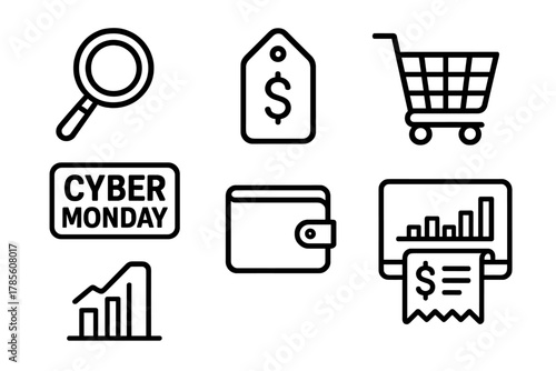 Cyber Shopping Icons. Cyber Monday Smart Shopping outline icon set: magnifier, tag with price, shopping cart, wallet, analytics bar, digital receipt.