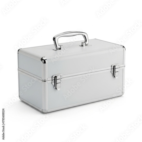 Silver Metal Toolbox with Handle and Lock on White Background