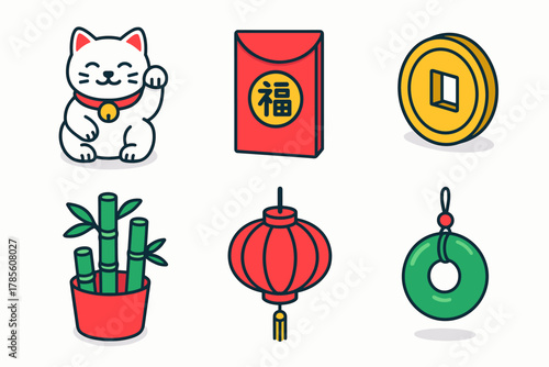 New Year Icons. New Year Good Luck Charms modern flat icon set: lucky cat, red envelope, golden coin, bamboo plant, lantern, jade pendant.