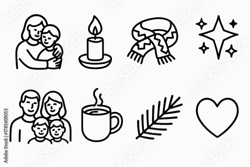 Heartfelt Holiday Icons. Heartfelt Holiday Moments outline icon set: cozy hug, candle flame, knitted scarves, starry glow, family warmth, cocoa cup, pine branch, love.