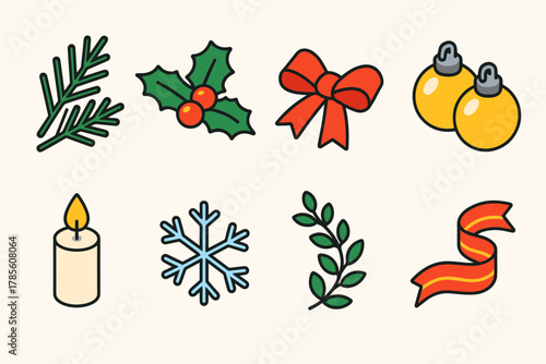 Isometric Christmas Icons. Christmas Classic Garland modern flat icon set: pine sprigs, holly leaves, red bow, gold ornaments, candle flame, snow crystal, evergreen vine, festive