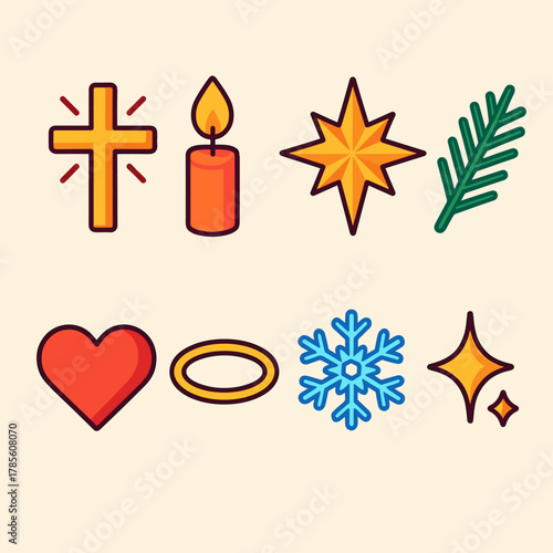 Christmas Icons Set. Christmas Faith & Hope modern flat icon set: radiant cross, candle flame, star of Bethlehem, pine branch, heart, halo light, snowflake, sparkle.