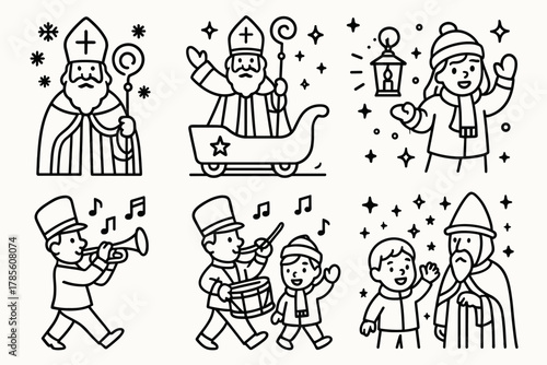 Saint Nicholas Parade. Festive Saint Nicholas Procession outline icon set: bishop hat, red robe, parade float, marching band, children waving, snowflakes, lantern light, starry sky
