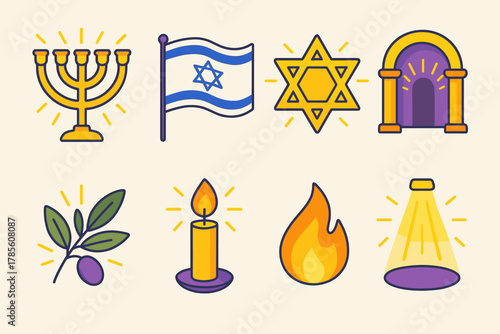 Sacred Symbols in Light. Sacred Lighting in Israel modern flat icon set: menorah glow, flag, star, olive leaves, temple arch, candlelight, flame, light beam.