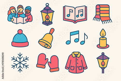 Caroling Icon Set. Caroling Voices modern flat icon set: singing group, lantern light, open songbook, scarf, winter hat, bell, musical note cluster, candle flame, snowflake,
