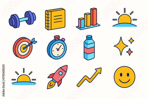 Motivated Icons Set. Motivated Beginnings modern flat icon set: dumbbell, notebook, bar chart, rising sun, target arrow, stopwatch, water bottle, sparkles, sunrise horizon, rocket