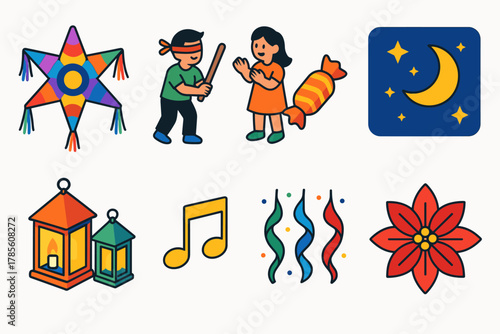 Iconos de Fiesta Posada. Las Posadas Piñata Celebration modern flat icon set: star-shaped piñata, children playing, candy, lanterns, night sky, music notes, festive ribbons,