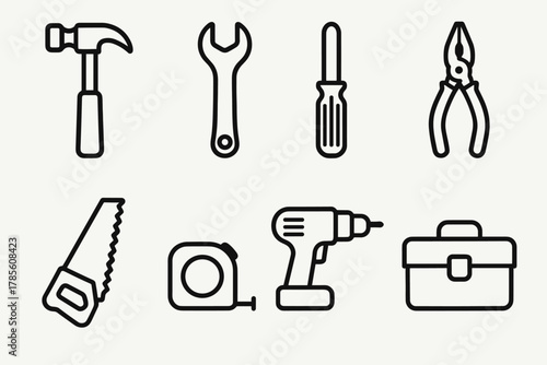 Workshop Tools Icons. Workshop Tools outline icon set: hammer, wrench, screwdriver, pliers, saw, measuring tape, drill, toolbox.