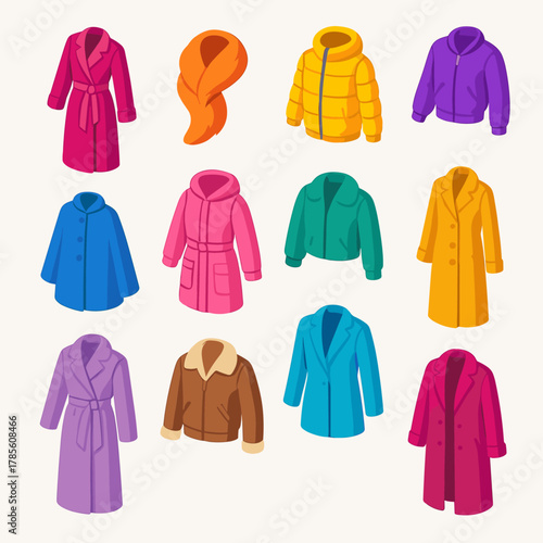 Stylish Winter Coats. Winter Warm Outerwear Glam modern flat icon set: velvet trench coat, fur stole, quilted down jacket, satin bomber, wool cape, belted parka, cropped faux fur,