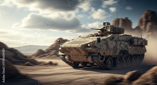 A military tank driving through a desert landscape with rocky formations in the background.