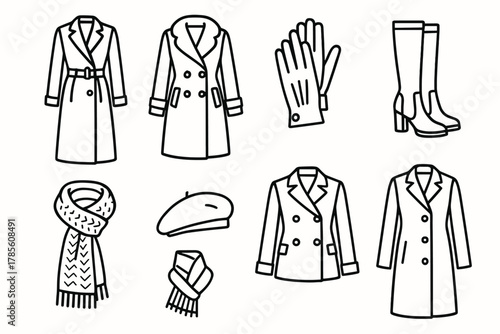 Elegant Winter Fashion. Winter Elegant Coats outline icon set: long wool coat, fur collar, leather gloves, high boots, knit scarf, beret hat, double-breasted jacket, button details
